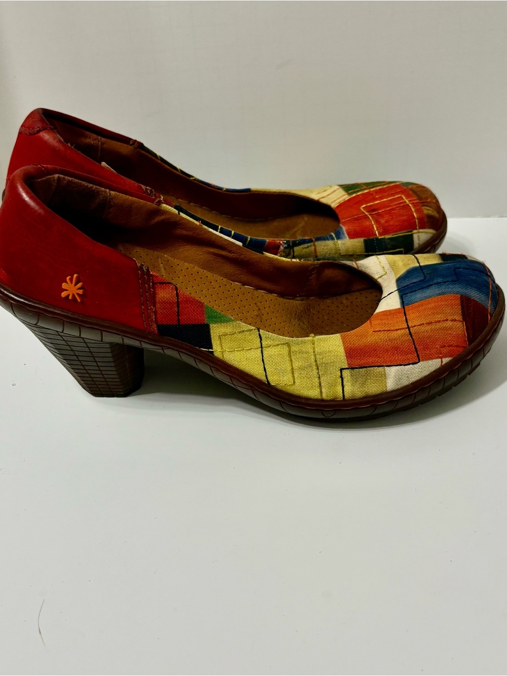 Artisan Multicolor Patchwork Heels with Red Trim